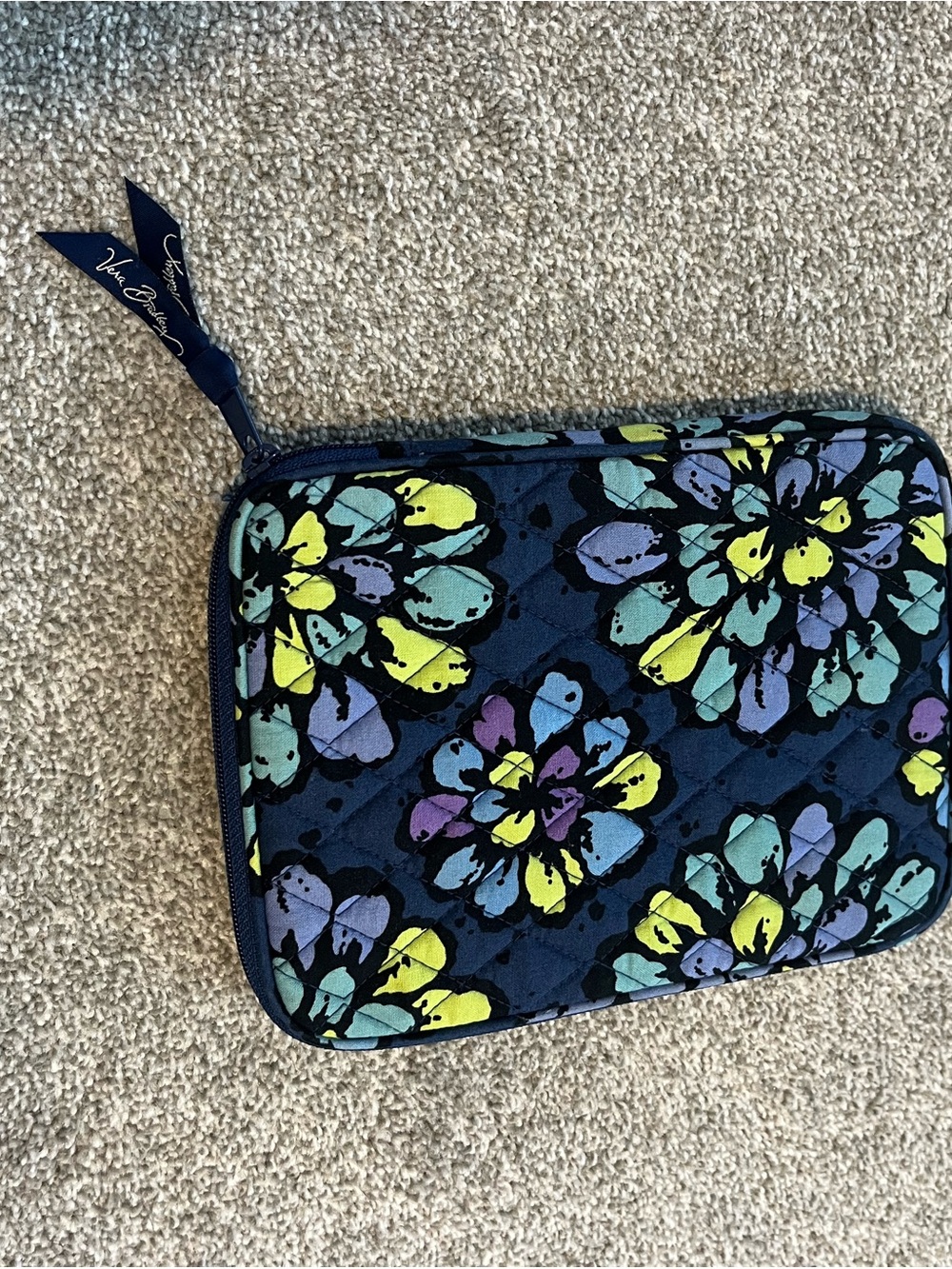 Vera Bradley Navy Floral Cosmetic IPAD Mini/Kindle Case with Yellow & Purple